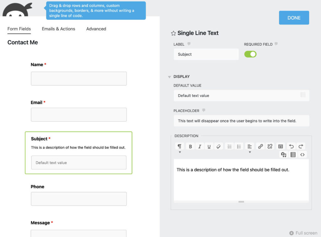 Ninja Forms WordPress plugin. Form Fields editing a field.