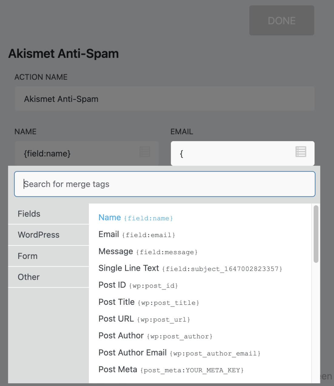 Ninja Forms WordPress plugin. Emails and Actions -Merge tag feature.