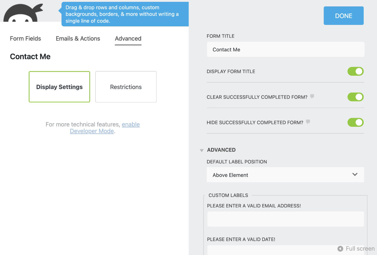 Ninja Forms WordPress plugin. Advanced - Display Settings.