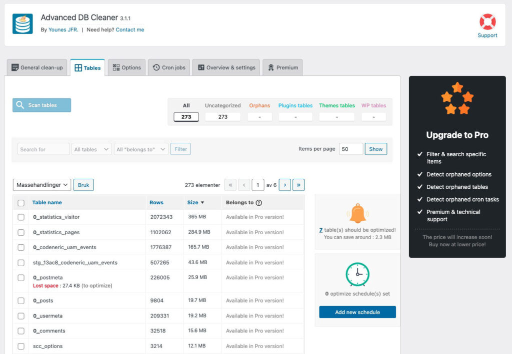 Advanced Database Cleaner WordPress plugin Tables tab ordering by size