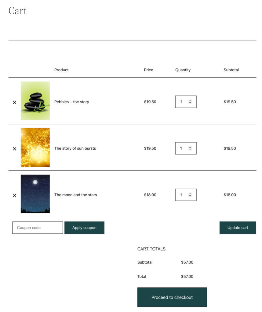 The default Cart Page in WooCommerce using the theme Twenty Twenty Two.