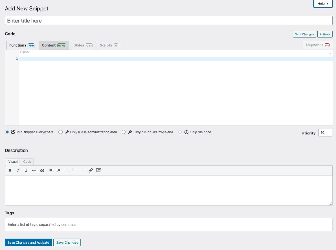 Code Snippets WordPress plugin interface