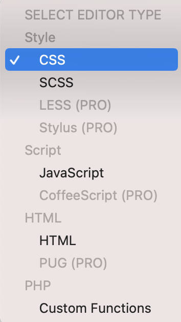 CodeKit Custom Codes Editor. Select code type.