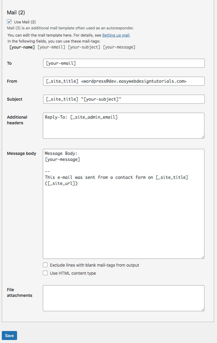 Contact Form 7 WordPress plugin Mail autoresponder screen