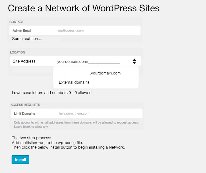 Create a Network of WordPress Sites. Install multisite mockup suggestion.
