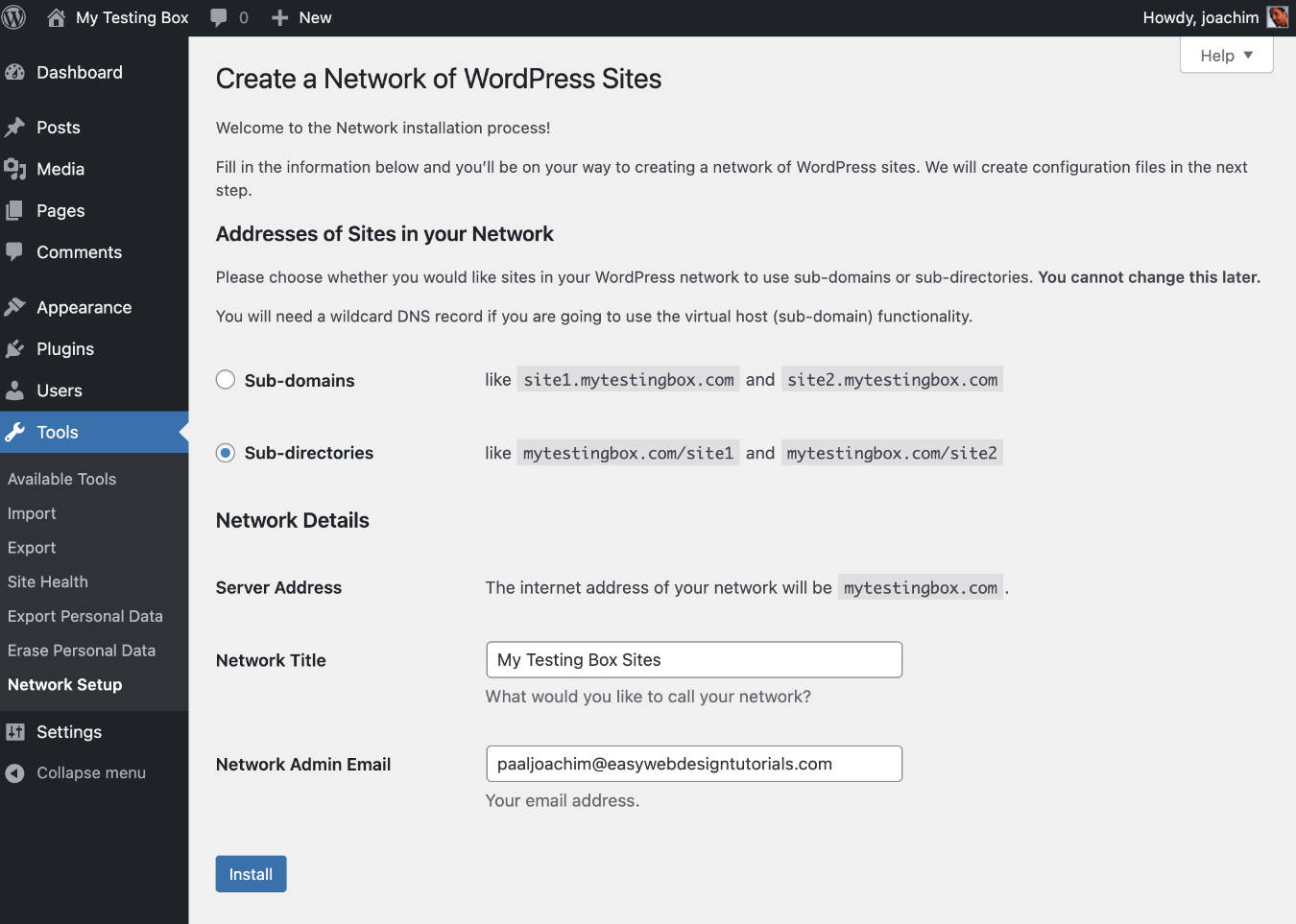 The setup screen to create a Network of WordPress Sites.