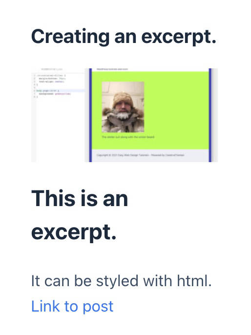 Creating and Styling the excerpt seen in the right sidebar settings area of the post. I added HTML to style the excerpt. Frontend