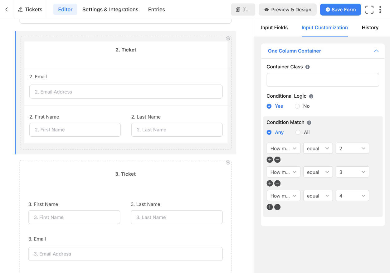 Creating a tickets form with conditionals backend Fluent Forms WordPress plugin