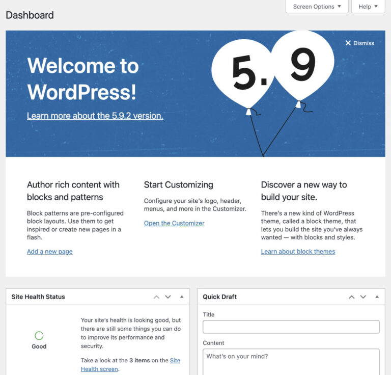 Dashboard Home widgets in WordPress.
