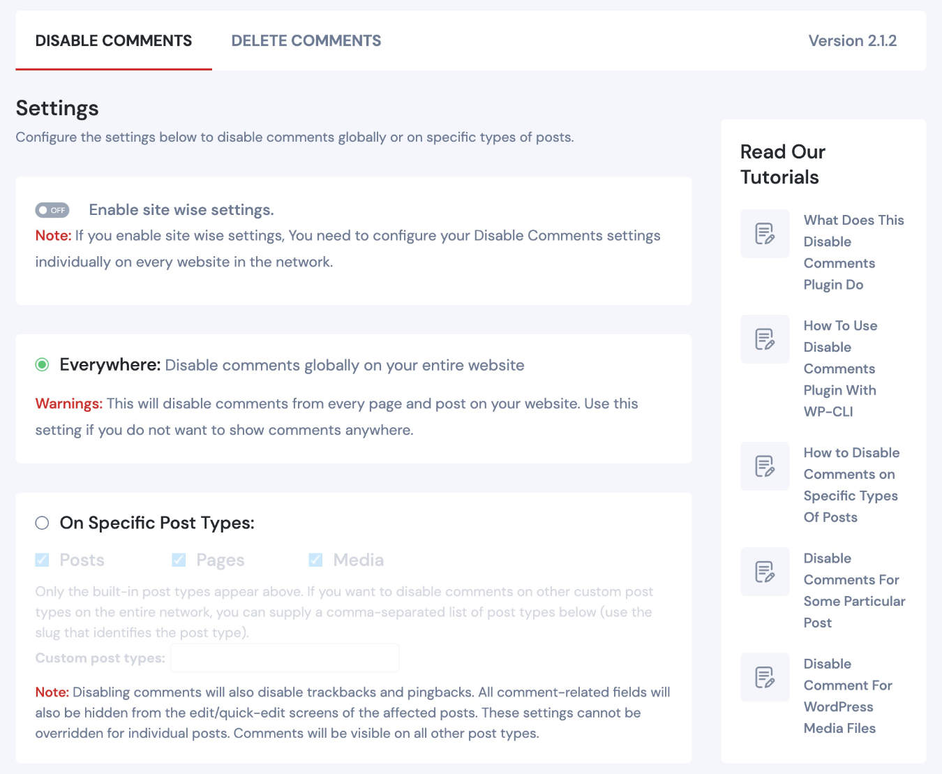 Disable Comments Remove Comments & Protect From Spam - WordPress plugin - Settings screen.