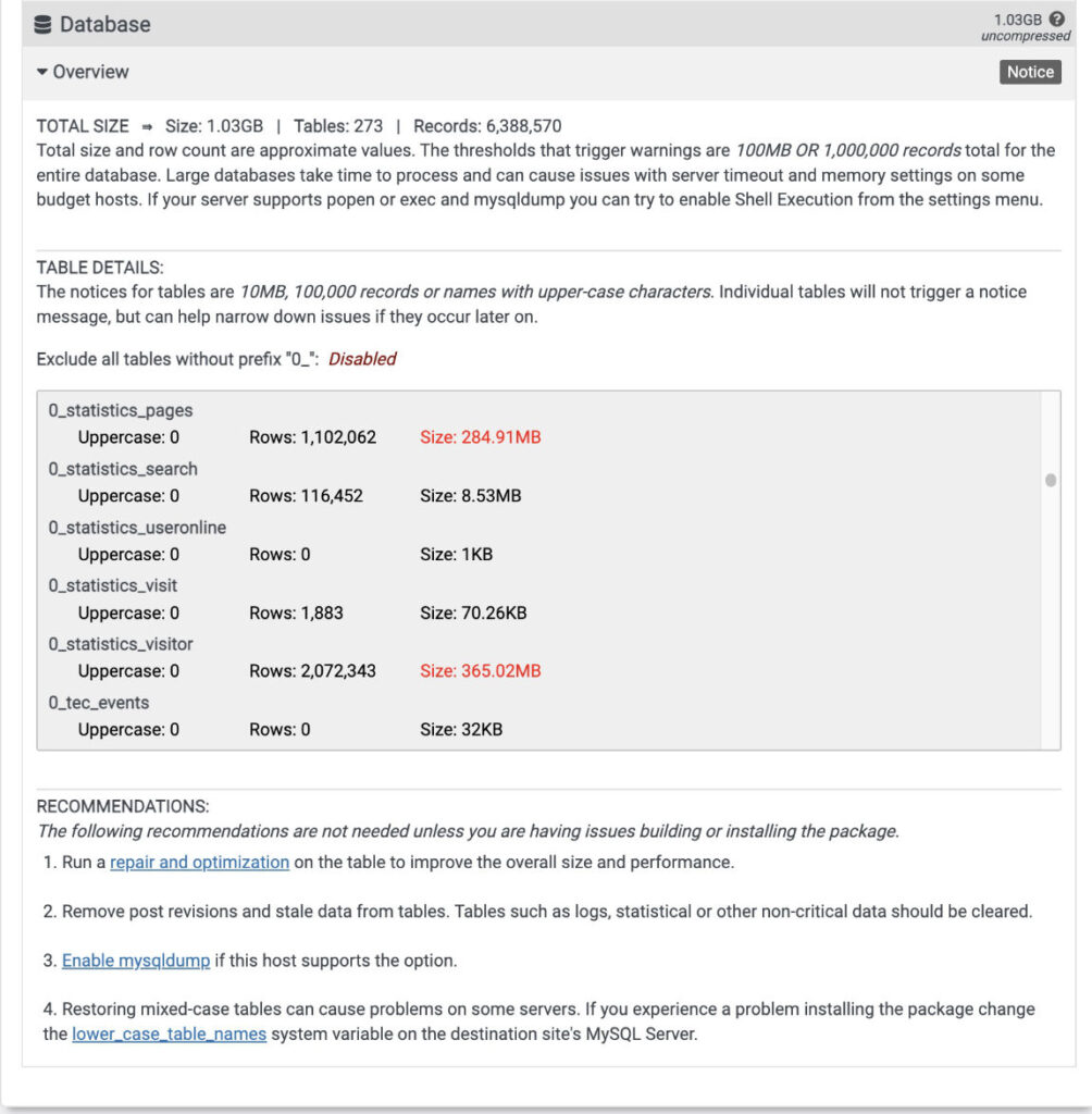 Duplicator plugin WordPress Scan screen showing large entries in Database