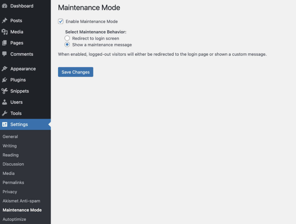 Enable Maintenance Mode redirect to login or show custom message code snippet