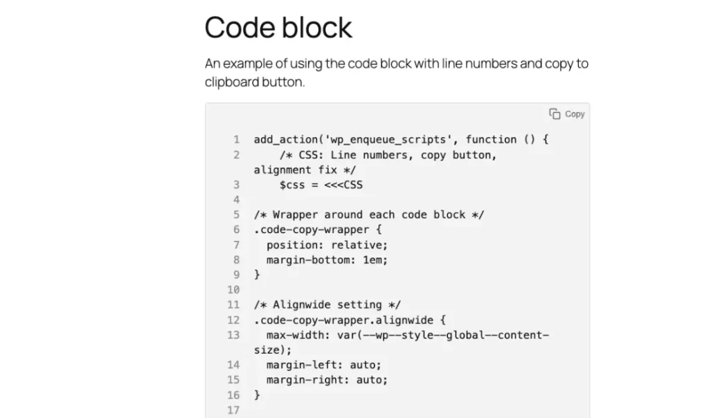 Enhanced Gutenberg Code block with line numnbers and copy button