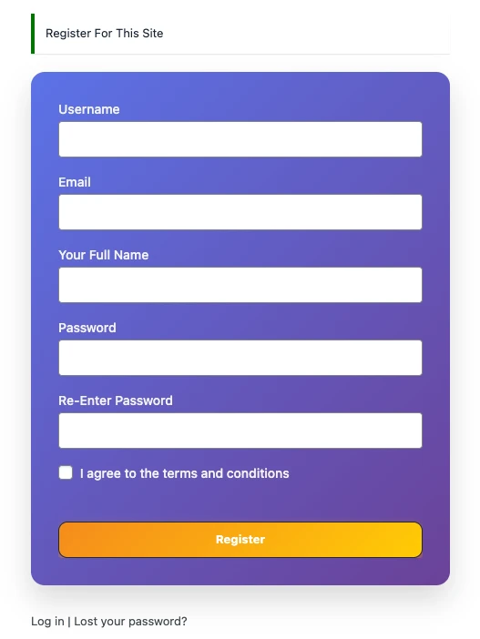 Fluent Auth Security plugin CSS style register screen