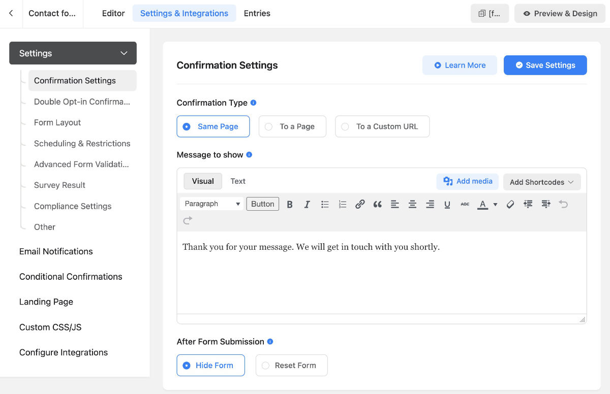 Fluent Forms Email Confirmation Settings WordPress plugin