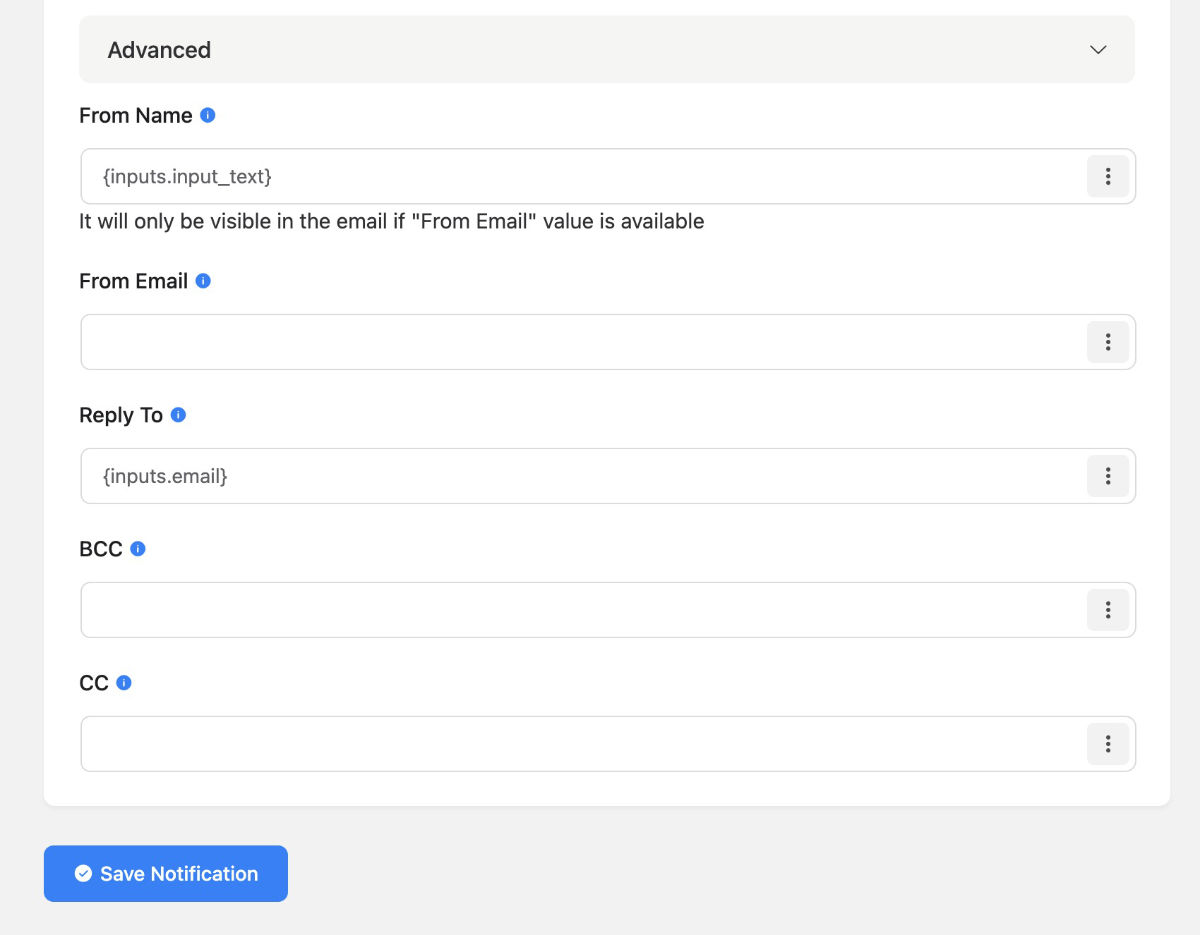 Fluent Forms Email Notifications Advanced area - WordPress Plugin