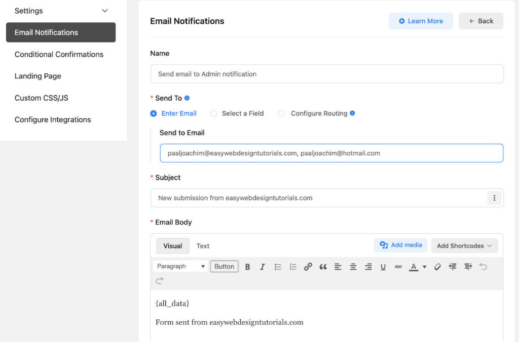 Fluent Forms Email Notifications top area WordPress plugin