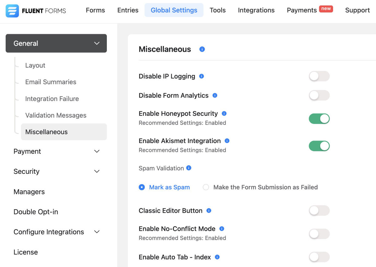 Fluent Forms General Miscellaneous screen WordPress Plugin