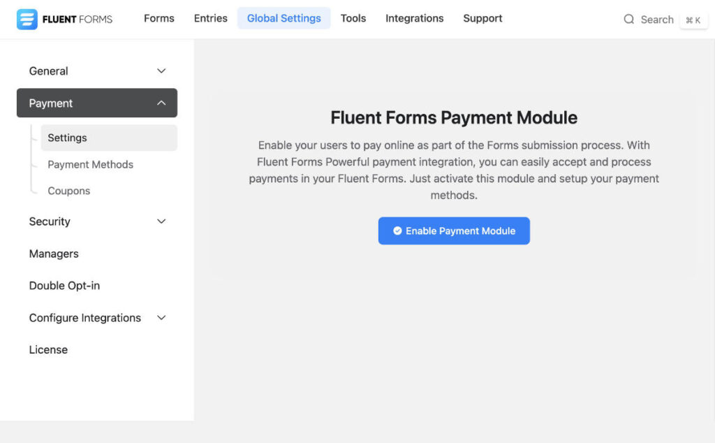 Fluent Forms Pro Enable Payment Module