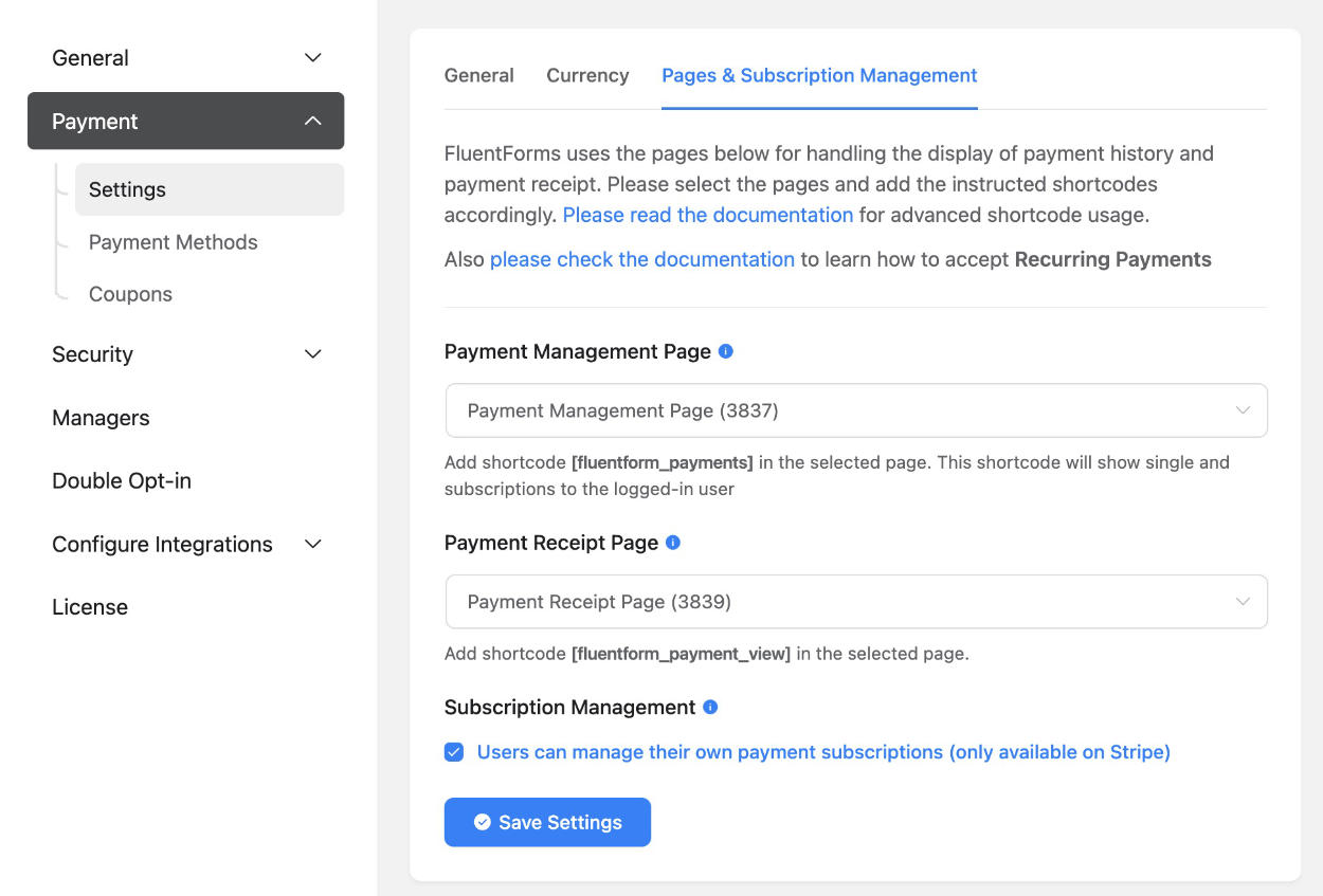 Fluent Forms Pro Payment Settings Pages & Subscription Management 