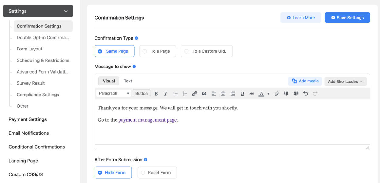 Fluent Forms Settings Confirmation Settings