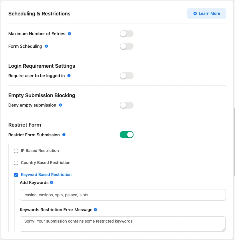 Fluent Forms plugin Scheduling and Restrictions to prevent spam