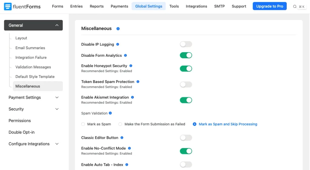 Fluent Forms plugin security features