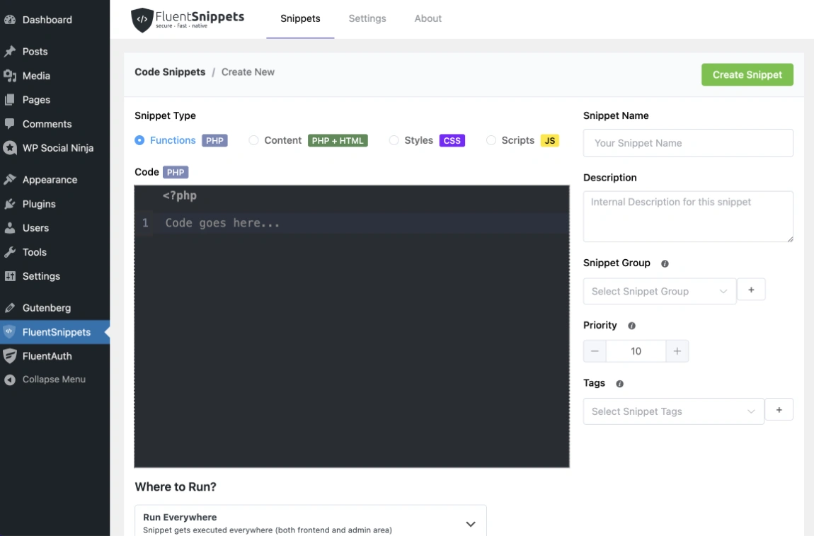 Fluent Snippets WordPress plugin UI new screen interface
