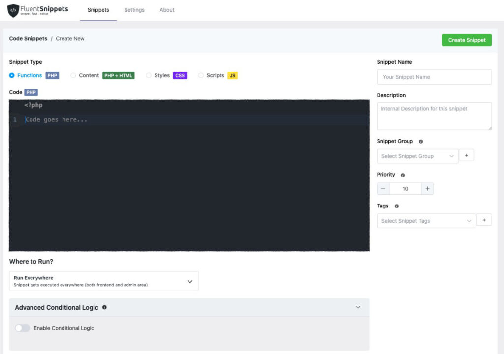 Fluent Snippets WordPress plugin interface