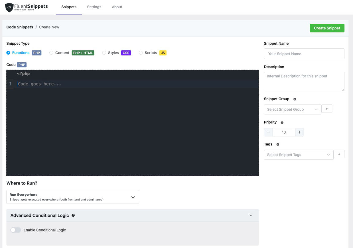 Fluent Snippets WordPress plugin interface