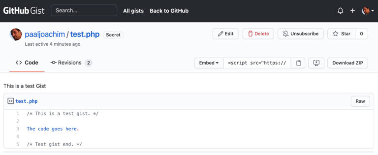 Github Gist: Copy the Embed link. In the Core Editor (Gutenberg) add a HTML block and paste the link.