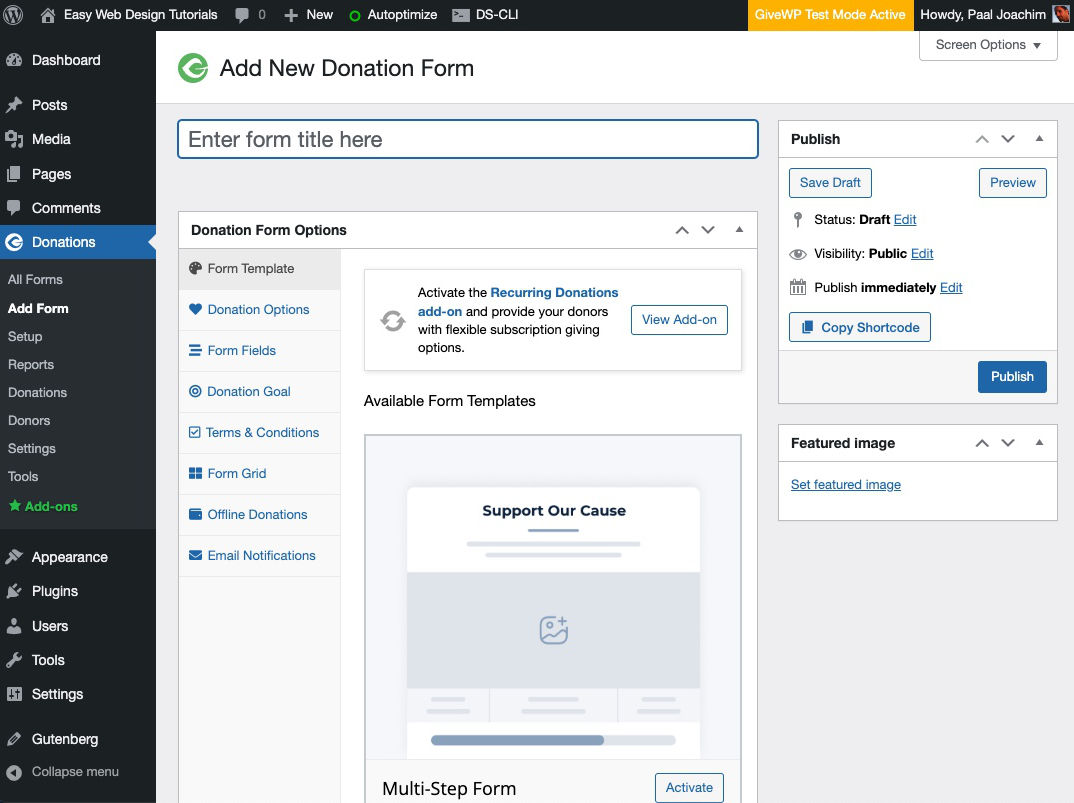 GiveWP WordPress plugin Add New Donation Form