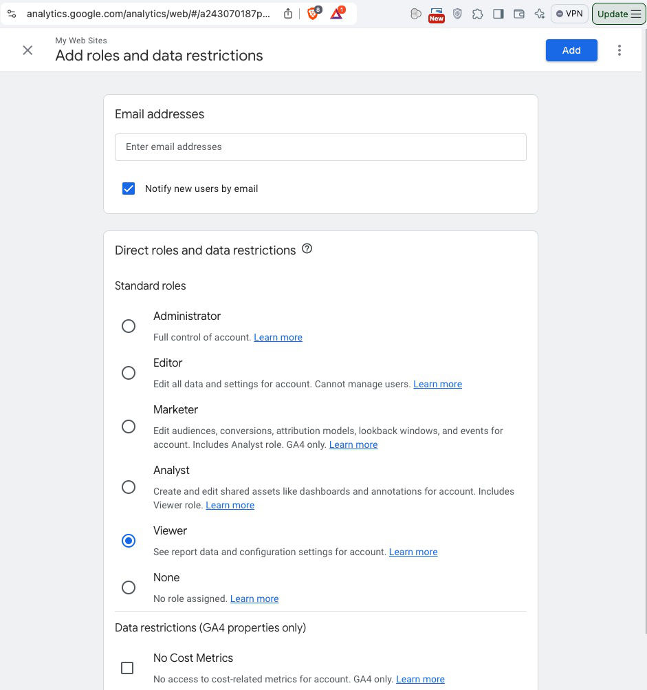 Google Analytics Add user - Add roles and data restrictions screen