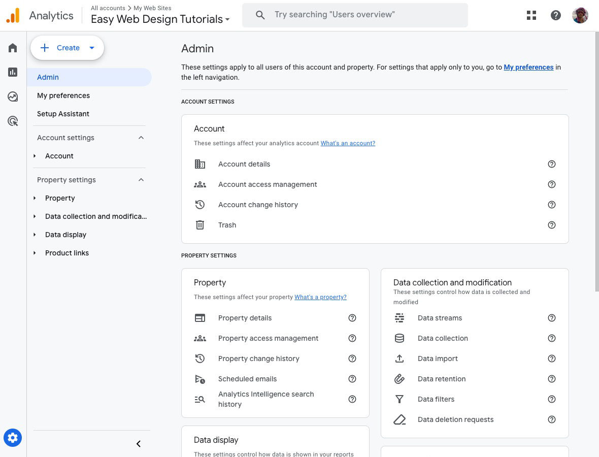 Google Analytics account Admin screen