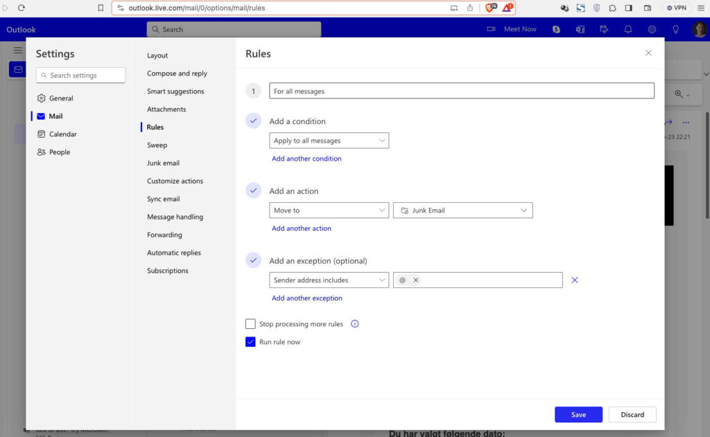 Hotmail Rule for removing spam