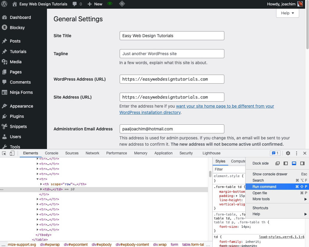 Inspect browser Run Command WordPress General Settings