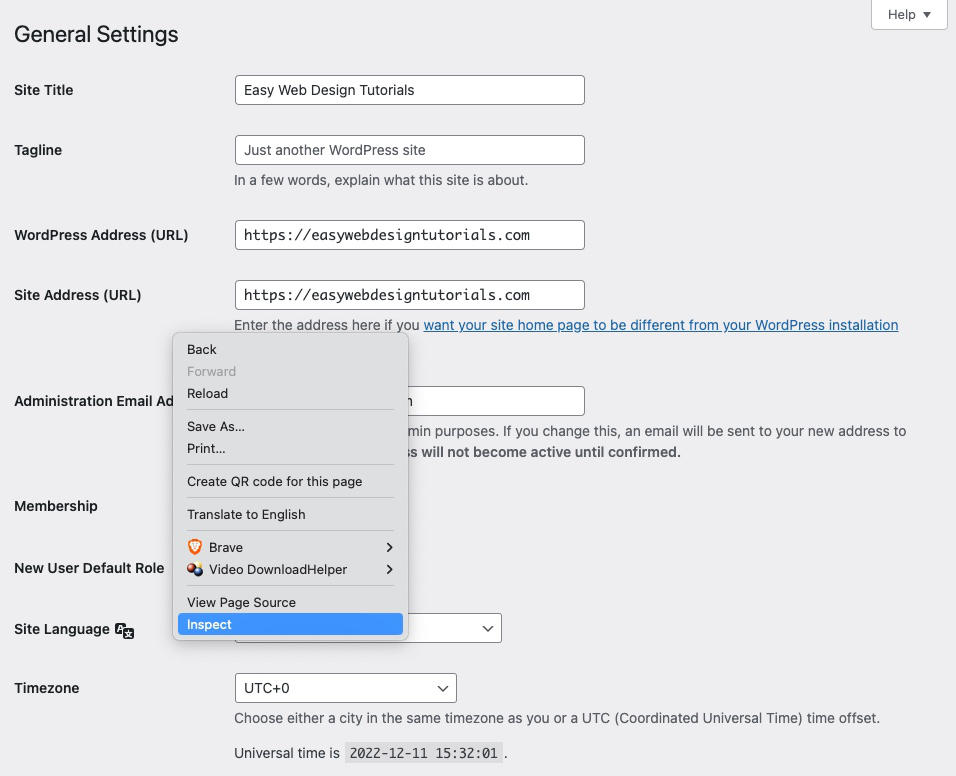 Inspect browser WordPress General Settings