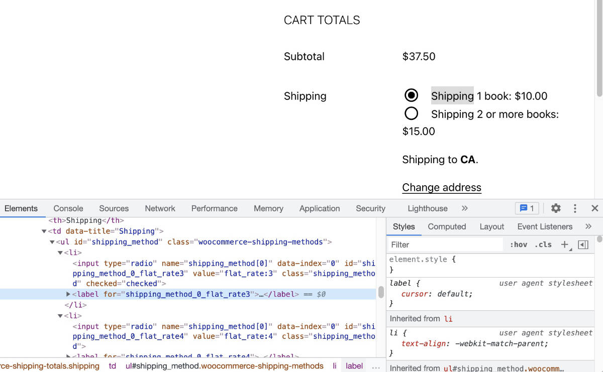 Inspect html code - Flat rate Shipping in WooCommerce.