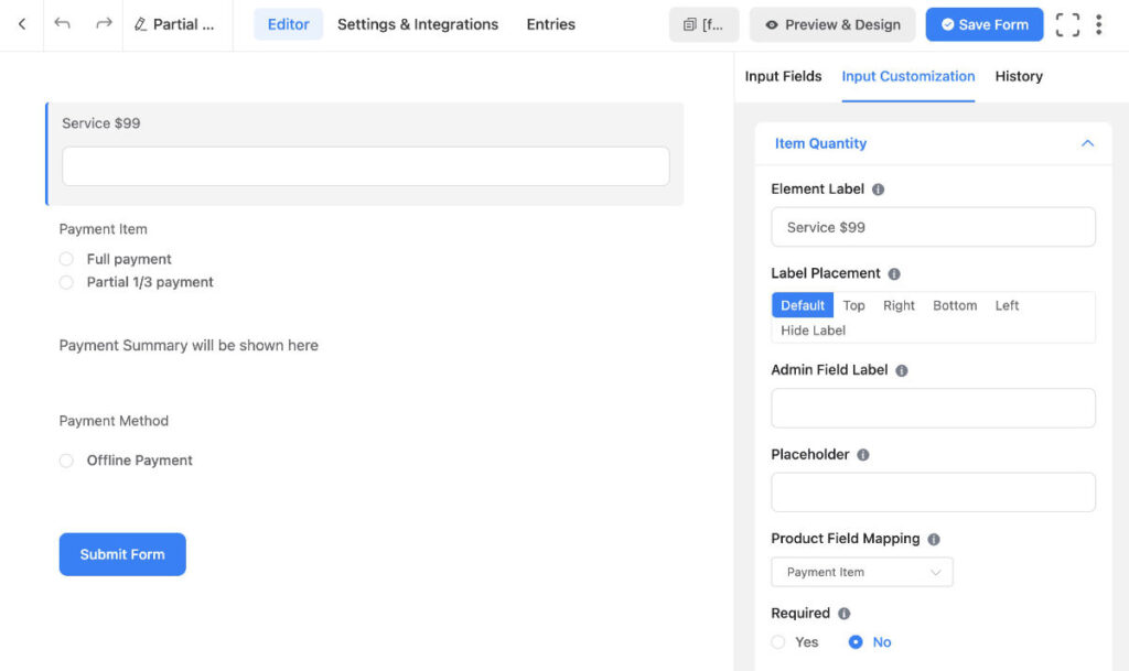 Item Quantity Field -Partial Payment in Fluent Forms Pro