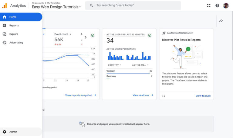 Logging into Google Analytics account and hovering over the left sidebar