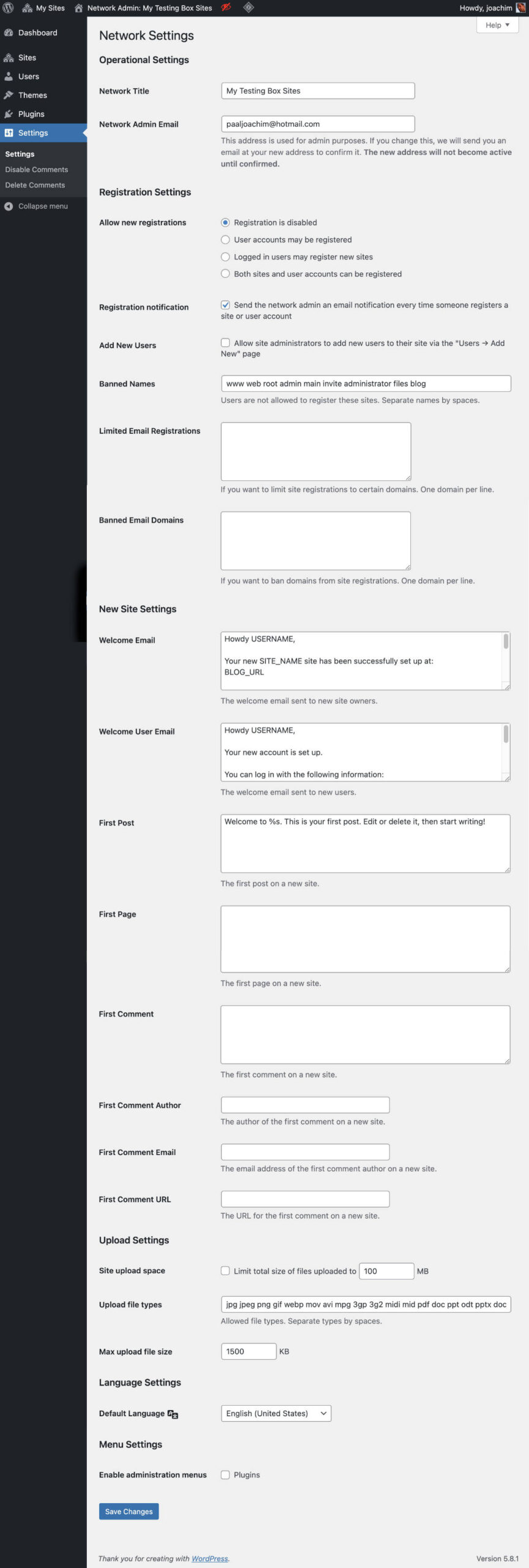 Network Admin: (Multisite) Settings screen.