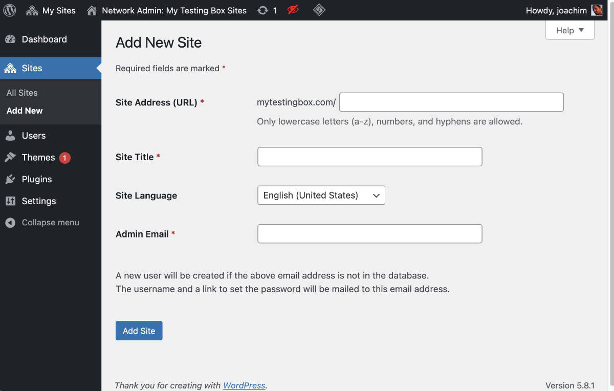 The Multisite Network Admin Add new Site screen.