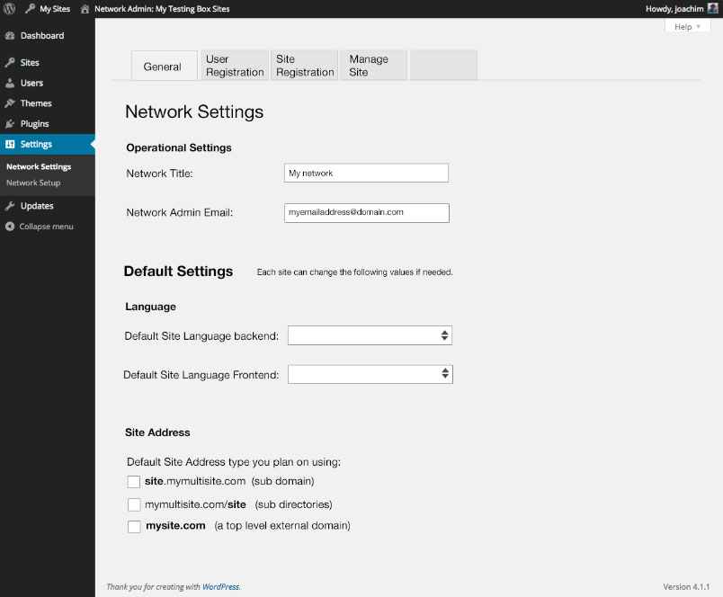 Network Admin: Settings screen mockup suggestion. Splitting up the screen using tabs.