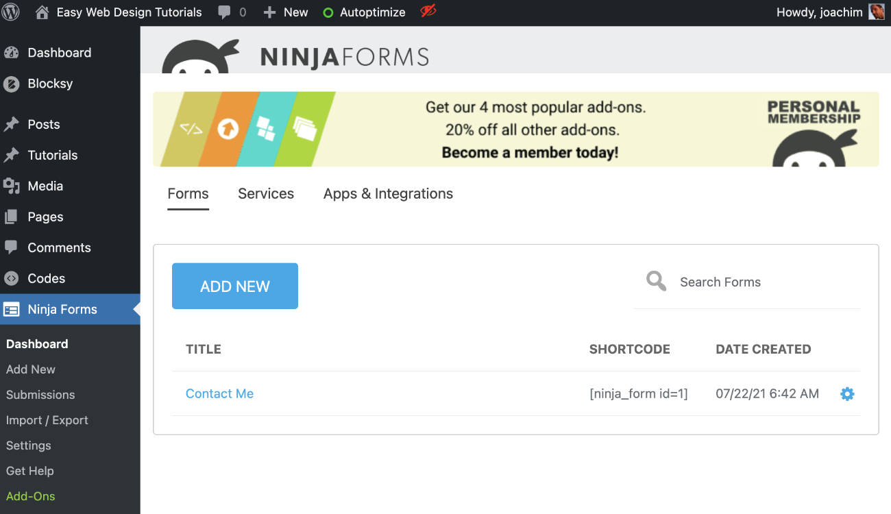 Ninja Forms WordPress plugin: Dashboard