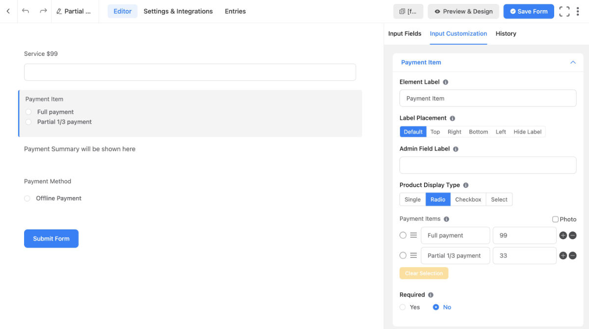 Payment Item field calculations Partial payment Fluent Forms Pro