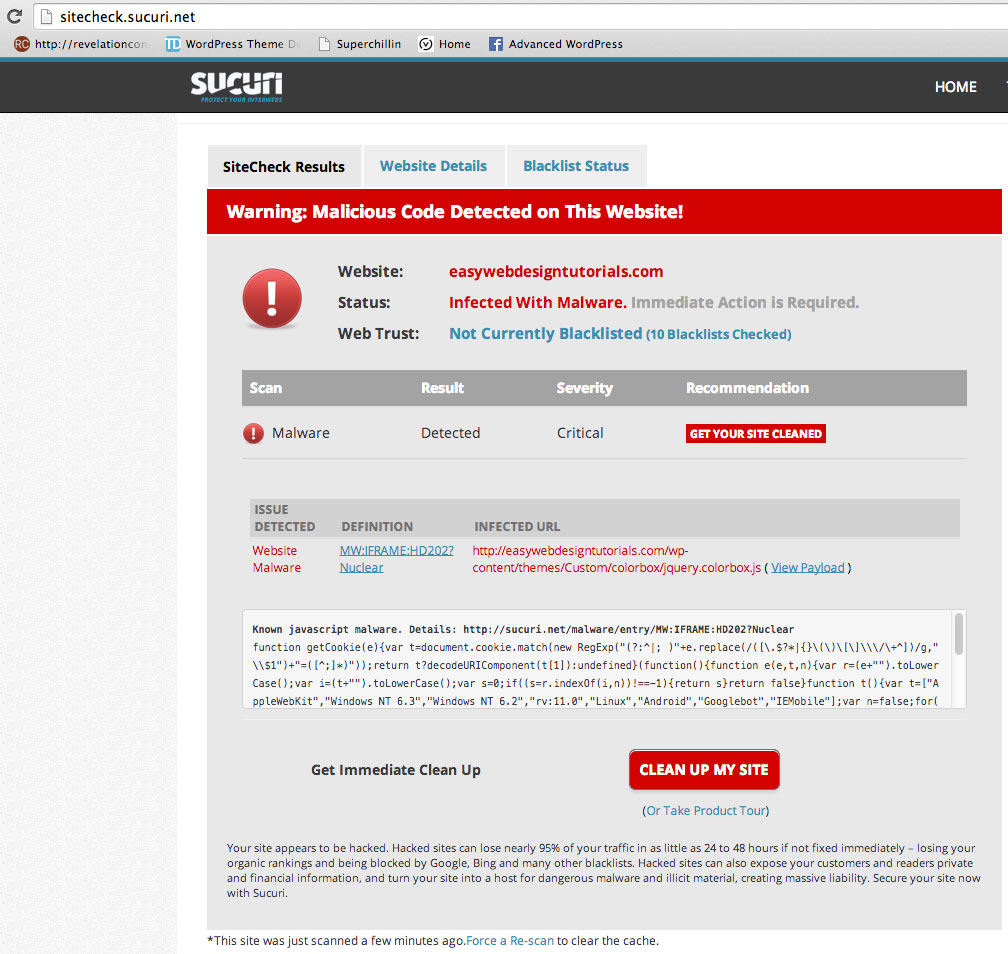 Site check Sucuri malware detected