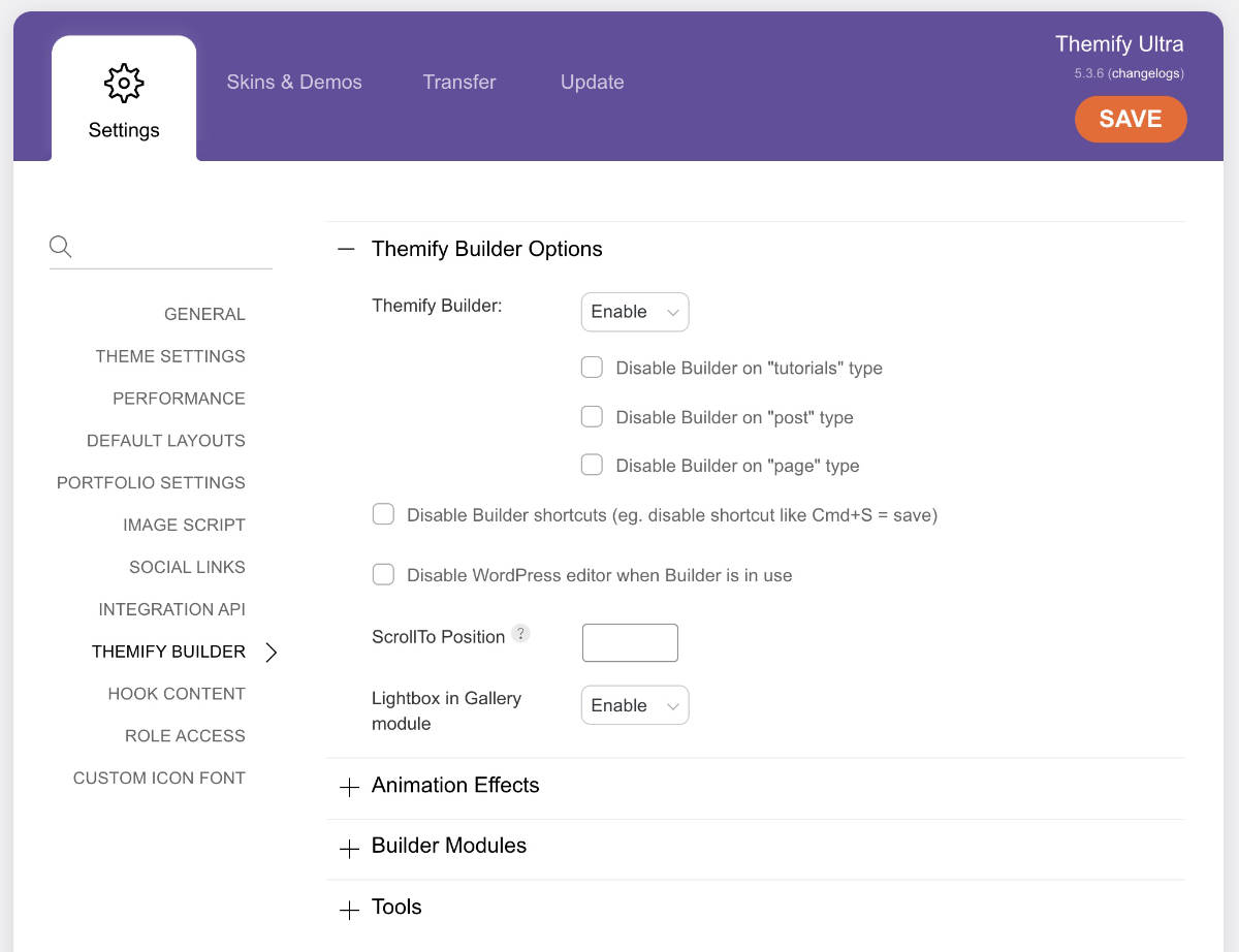 Themify Ultra Settings. Themify Builder Options.
