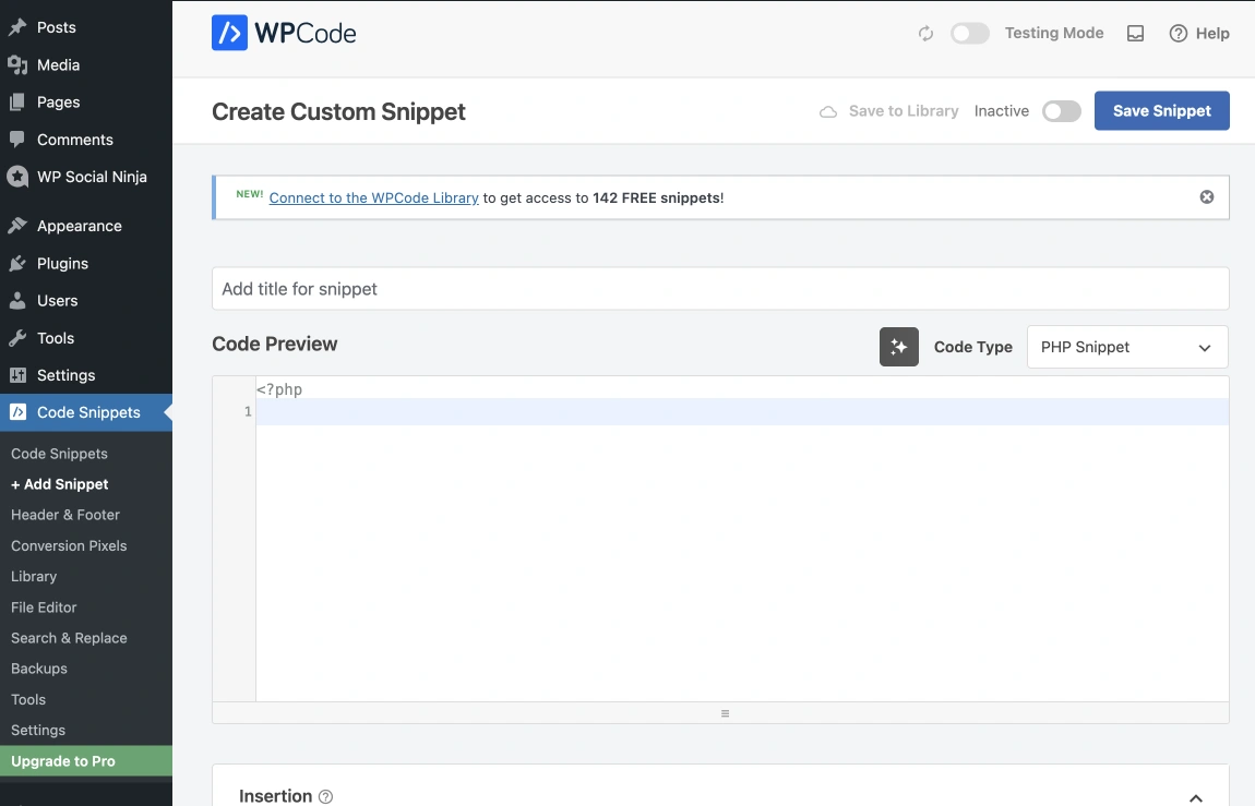 WP Code WordPress plugin snippet UI new screen interface
