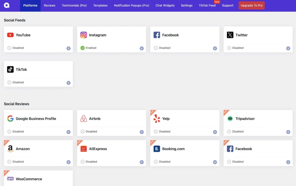 WP Social Ninja Platforms screen
