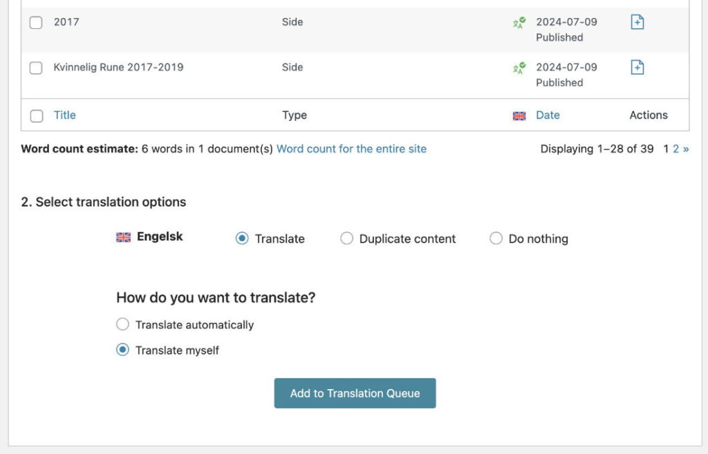 WPML multilingual WordPress plugin Translation management Select translation options